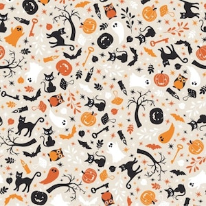May include: A seamless pattern featuring a variety of Halloween-themed elements, including black cats, owls, pumpkins, ghosts, bats, and keys. The background is a light beige color.
