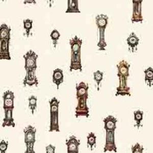 May include: A white background with a repeating pattern of various antique clocks in different sizes and styles. The clocks are in shades of brown, red, and gold with black accents. Some clocks have Roman numeral faces, while others have Arabic numeral faces.