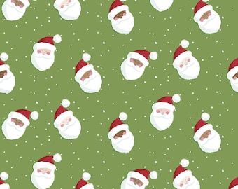 Könnte beinhalten: Ein grüner Stoff mit einem sich wiederholenden Muster aus weißen und braunen Weihnachtsmann-Gesichtern. Die Weihnachtsmann-Gesichter tragen rote Mützen und haben weiße Bärte. Der Hintergrund ist grün mit weißen Punkten.