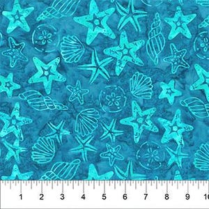 May include: Teal blue fabric with a white pattern of seashells and starfish. The fabric has a batik-like appearance.
