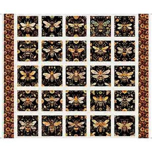 May include: A white background with a repeating pattern of black squares containing stylized images of bees with brown, yellow, and orange wings. The bees are surrounded by a floral pattern in shades of brown, yellow, and orange.