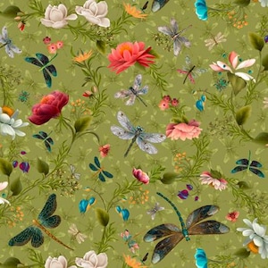 Dragonfly Garden - Small Dragonfly & Floral by QT Fabrics // Quilting Cotton // Cotton Woven // 100% cotton // Floral Fabric
