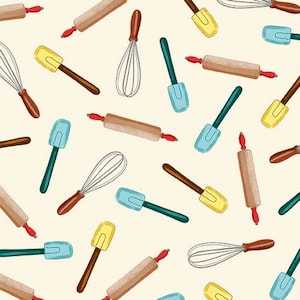 May include: A seamless pattern featuring various kitchen tools, including a yellow, blue, and green spatula, a wooden rolling pin, and a silver whisk. The tools are arranged in a repeating pattern on a cream background.