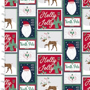 May include: A red and green Christmas fabric with a repeating pattern of reindeer, Santa Claus, and Christmas trees. The fabric has the words "Holly Jolly" and "North Pole" repeated throughout the pattern.