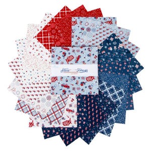 May include: A collection of fabric squares in red, white, and blue, featuring patriotic patterns. Designs include fireworks, flags, and stars. The center fabric is labeled "Stars Forever."
