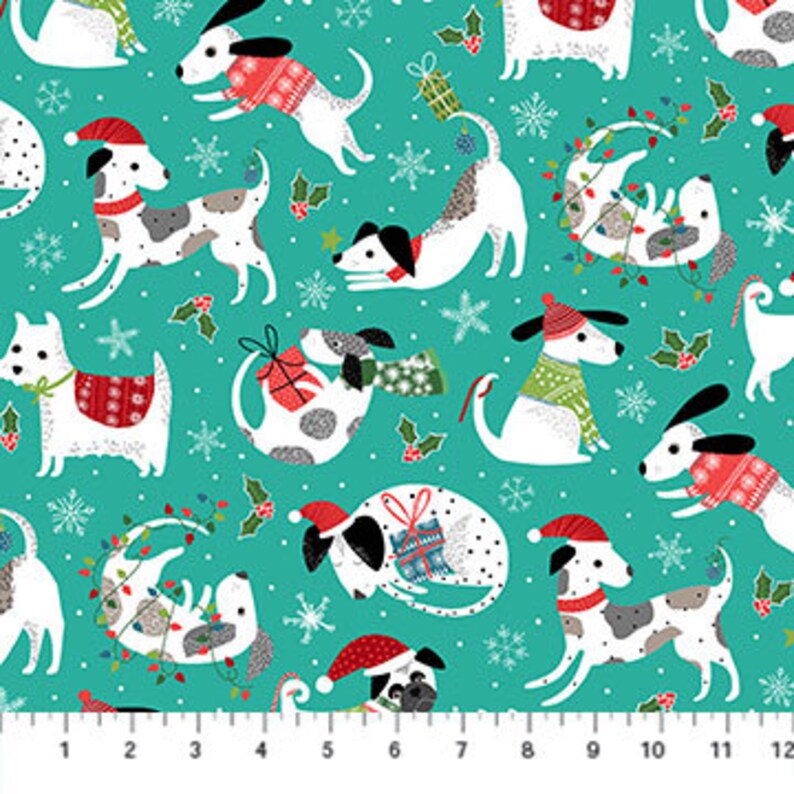 Santa Paws Turquoise Dogs by Northcott Fabrics // Quilting Etsy