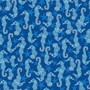 May include: A seamless pattern featuring white seahorses and starfish on a blue background. The seahorses are facing different directions and are outlined in white. The starfish are scattered throughout the pattern.