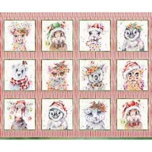 May include: A fabric panel featuring watercolor illustrations of various animals, each adorned with festive floral crowns or Santa hats. The animals include a deer, bunny, llama, penguin, polar bear, fox, koala, owl, moose, snow leopard, and rabbit, set against a red and white striped background.