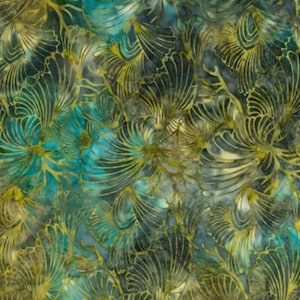 May include: Teal and gold fabric with a repeating pattern of stylized floral designs.