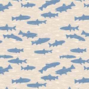 May include: A seamless pattern featuring a repeating design of blue fish silhouettes on a light beige background. The fish are arranged in a random pattern, creating a dynamic and lively feel.