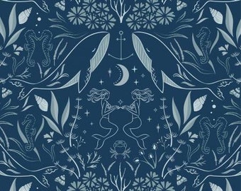 Sounds of the Sea Enchanted Ocean Midnight Blue by Lewis & Irene Fabrics // Quilting Cotton // Cotton Woven // 100% cotton // Mermaid Fabric