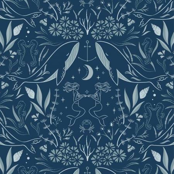 Sounds of the Sea Enchanted Ocean Midnight Blue by Lewis & Irene Fabrics // Quilting Cotton // Cotton Woven // 100% cotton // Mermaid Fabric