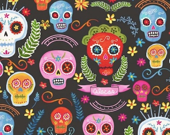 Michael Miller La Vida Loca Sugar Skull Charcoal Fabric // Quilting Cotton // Cotton Woven // 100% cotton // Day of Dead Fabric