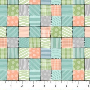 May include: A patchwork fabric design featuring a grid of squares in various patterns and colors. The squares include stripes, polka dots, and solid colors in shades of teal, peach, green, and gray. A ruler is at the bottom, marked in inches.