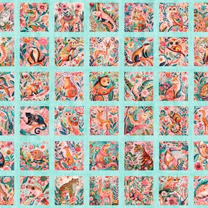 May include: A fabric panel featuring a repeating pattern of colorful animal illustrations, including a leopard, owl, and deer, set against a floral background. The animals are depicted in a whimsical style with vibrant colors, framed by a light teal border.