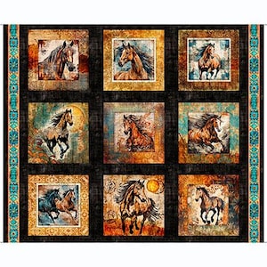 May include: A fabric panel featuring a grid of nine square illustrations of horses in various poses. The design incorporates warm orange, brown, and teal tones with decorative borders. The horses are depicted in motion or standing against textured backgrounds.