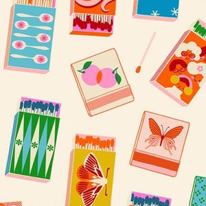 May include: A pattern of colorful matchboxes with various designs. Some boxes feature spoons, peaches, butterflies, and faces. The color palette includes teal, orange, pink, green, and yellow on a cream background.