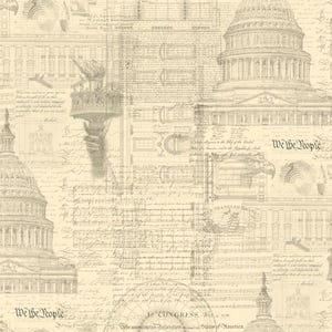 May include: Beige-toned wallpaper featuring a repeating pattern of the U.S. Capitol building, the Statue of Liberty, and handwritten script. The words "We the People" and "Congress" are visible. The design has a vintage, historical aesthetic.