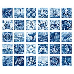 Ocean Blue Nautical Motif Patches Panel 36&quot; by QT Fabrics // Quilting Fabric // 100% Cotton // Ocean Life Fabric