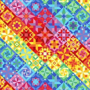 May include: A colorful geometric pattern with a variety of shapes and colors, including red, orange, yellow, green, blue, and purple. The pattern is made up of small squares and triangles that are arranged in a repeating pattern.