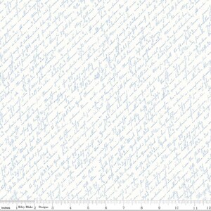 May include: White fabric with a repeating pattern of light blue cursive handwriting. The script is angled across the fabric, creating a textured appearance. The fabric is measured in inches.