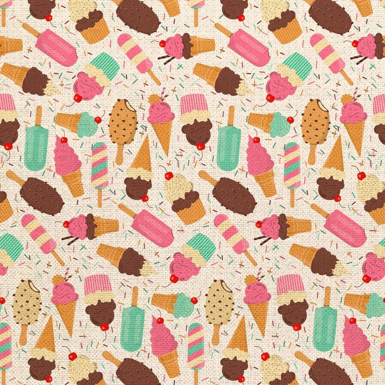 May include: A repeating pattern of various ice cream treats on a cream-colored background. The design includes ice cream cones, popsicles, and scoops of ice cream in shades of pink, brown, green, and yellow, with sprinkles and cherries.