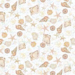 May include: A repeating pattern of seashells, starfish, and sand dollars in shades of beige, tan, and cream, scattered on a light blue background. The design features various shell shapes and sizes, creating a beach-themed aesthetic.