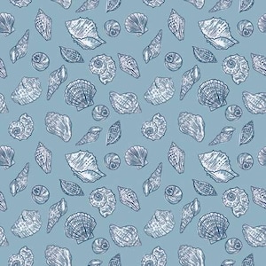 May include: A seamless pattern featuring a variety of seashells in white and blue on a light blue background. The shells are drawn in a vintage style and include scallop, conch, and whelk shells.