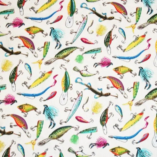 Top Rod Fishing Lures by Elizabeth's Studio Fabrics // Quilting Cotton //  Cotton Woven // 100% Cotton // Fishing Fabric -  Denmark