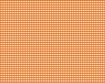 May include: A fabric featuring a repeating orange and white gingham check pattern. A white ruler is visible at the bottom edge, showing measurements in inches from 0 to 12, with the text Riley Blake Designs printed along the ruler.