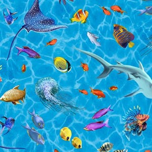 Treasures at Sea Spaced Sealife Lt Blue by QT Fabrics // Quilting Fabric // 100% Cotton // Ocean Fabric // Fish Fabric