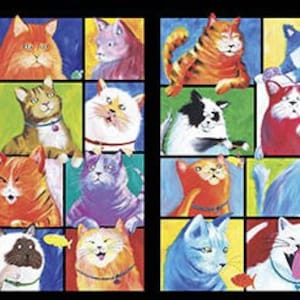 May include: A colorful illustration of a grid of cats with different colored fur and expressions. The cats are arranged in a grid pattern with each cat in a different colored square.