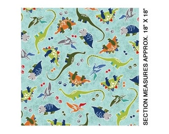 May include: A turquoise blue fabric with a repeating pattern of colorful dinosaurs. The dinosaurs are green, orange, blue, and gray. The fabric has a textured background with gray paw prints. SECTION MEASURES APPROX. 18" X 18"