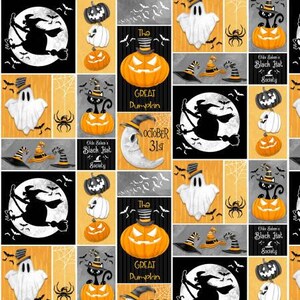 May include: A colorful fabric with a repeating pattern of Halloween-themed images. The images include pumpkins, witches, ghosts, bats, spiders, and the text "The Great Pumpkin" and "October 31st".