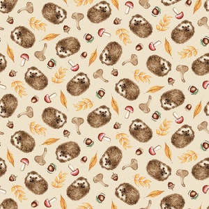 May include: A seamless pattern featuring brown hedgehogs with white accents, surrounded by beige leaves, brown acorns, and red mushrooms on a cream background.