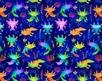 Cute Axolotl Salamanders by Timeless Treasures Fabrics // 100% cotton // Quilting Fabric // Amphibian Fabric
