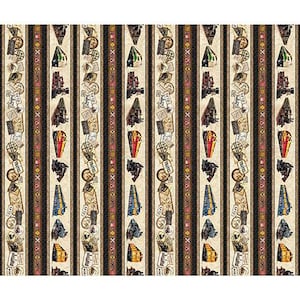 May include: A repeating pattern of vertical stripes with a steampunk theme. The stripes alternate between tan, black, and brown, with various steampunk-related illustrations such as gears, trains, and airships. The illustrations are in shades of brown, tan, and red.