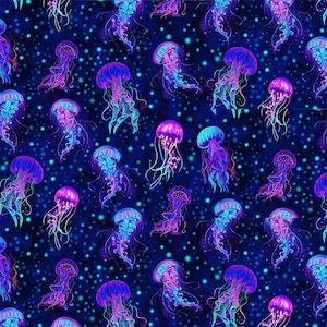 May include: A seamless pattern featuring glowing jellyfish in shades of pink and blue against a dark blue background with white dots. The jellyfish have long, flowing tentacles and are arranged in a random pattern.