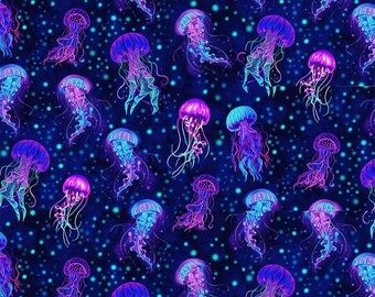 Electric Ocean - Bioluminescent Jellyfish by Timeless Treasures Fabric // Quilting Cotton // Cotton Woven // Jelly Fish Fabric