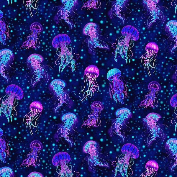 Electric Ocean - Bioluminescent Jellyfish by Timeless Treasures Fabric // Quilting Cotton // Cotton Woven // Jelly Fish Fabric