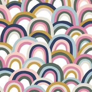 Rainbows White Pink and Navy by Paintbrush Studios Fabric // Quilting Cotton // Cotton Woven // 100% cotton // Boho Fabric