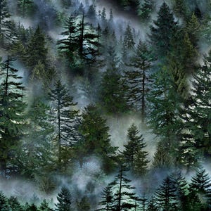 May include: A dense forest scene with tall evergreen trees in varying shades of green and dark gray. Wisps of fog or mist weave through the trees, creating a moody and atmospheric effect. The image evokes a sense of depth and the mystery of the woods.