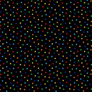 May include: Black fabric with a repeating pattern of colorful polka dots. The dots are in shades of red, orange, yellow, green, and blue, evenly spaced across the surface. This design is suitable for various craft and sewing projects.