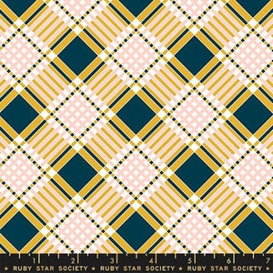 May include: A seamless pattern featuring a white background with a plaid design in shades of gold, pink, and teal.