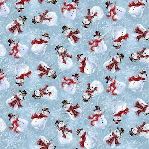 May include: A light blue fabric with a repeating pattern of snowmen. Each snowman wears a black top hat and a red scarf. The snowmen are surrounded by white snowflakes, creating a festive winter theme.