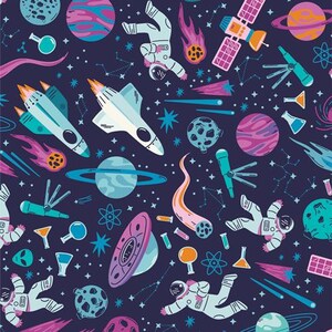 May include: A repeating pattern featuring a dark blue background with colorful illustrations of planets, astronauts, rockets, satellites, and stars. The design includes various celestial bodies and space-themed elements.