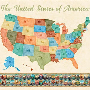 May include: A colorful map of the United States of America, with each state in a different color. The text "The United States of America" is at the top. A series of small hexagonal images are at the bottom of the map.