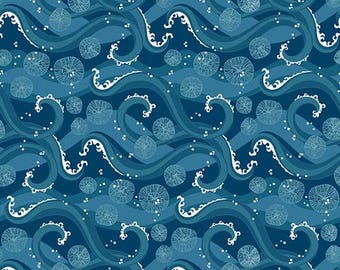May include: A seamless pattern featuring stylized ocean waves in shades of blue. White accents highlight the crests of the waves and circular, dotted shapes are scattered throughout the design. The overall theme is nautical.