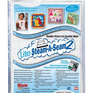 May include: A package of Lite Steam-A-Seam 2 fusible web. The package is white and blue with the product name in large, stylized letters. It includes images of sewing projects and text that reads "Easy to See Through and Write On!" The package measures 9 x 12 inches.