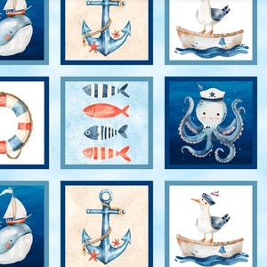 May include: A fabric pattern featuring a grid of nautical illustrations including blue whales with sailboats, anchors with starfish, seagulls in boats, red and blue striped life preservers, rows of colorful fish, and an octopus wearing a sailor hat.